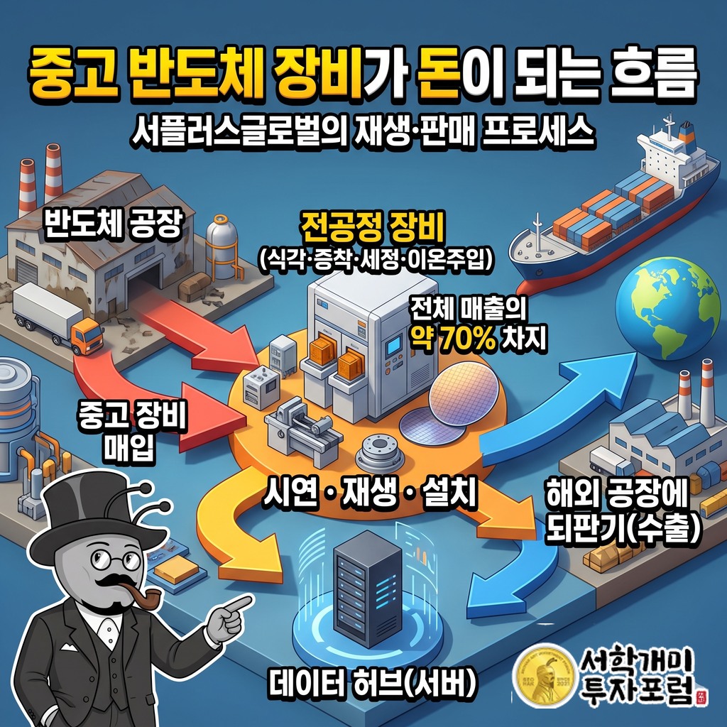 서플러스글로벌이 중고 반도체 장비를 사서 시연·재생·설치를 거쳐 해외 공장에 되파는 돈의 흐름