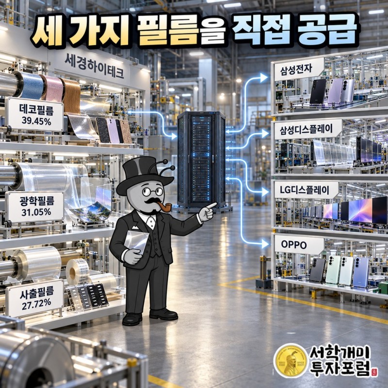 세경하이테크가 데코필름·광학필름·사출필름을 만들어 삼성전자·삼성디스플레이·LG디스플레이·OPPO에 직접 공급하는 구조도