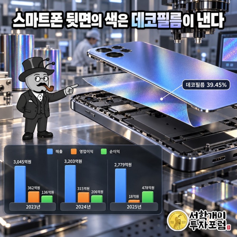 스마트폰 뒷면 안쪽에 붙은 얇은 데코필름이 색과 결을 만들어 내는 장면, 데코필름 비중 39.45%