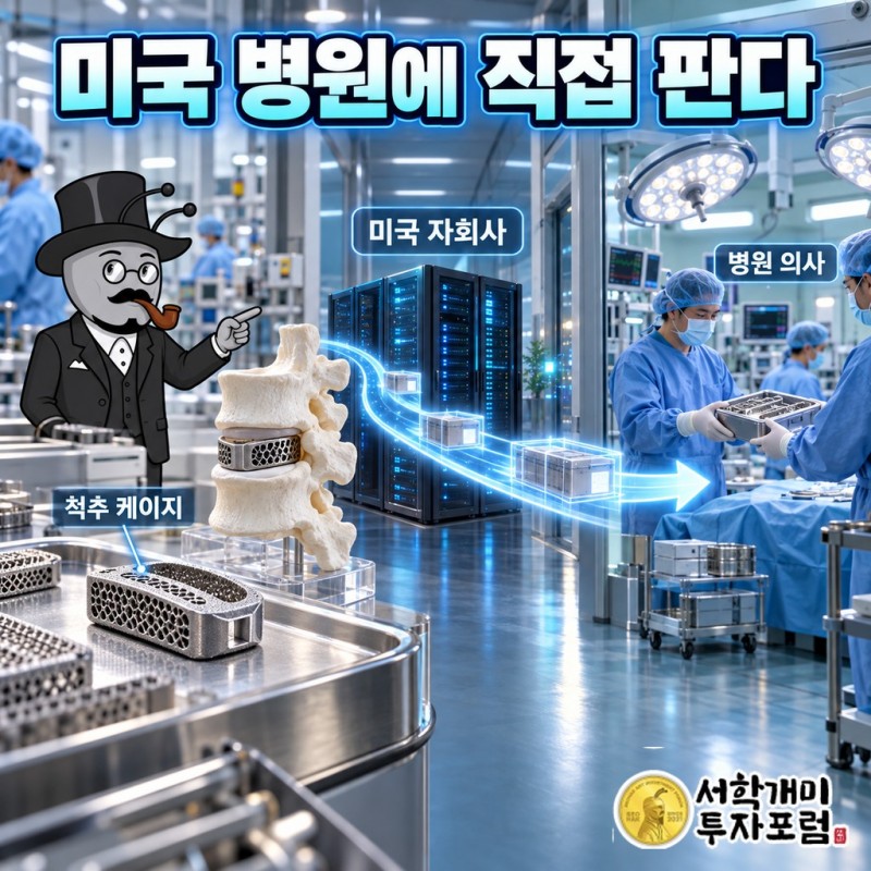 한국에서 만든 척추 케이지가 미국 자회사를 거쳐 현지 병원 의사에게 직접 팔리는 흐름