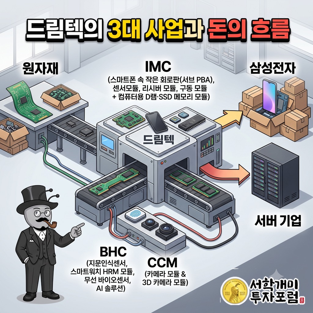 드림텍이 원자재를 사 스마트폰·메모리 모듈로 조립해 삼성전자와 서버 기업에 납품하는 돈의 흐름
