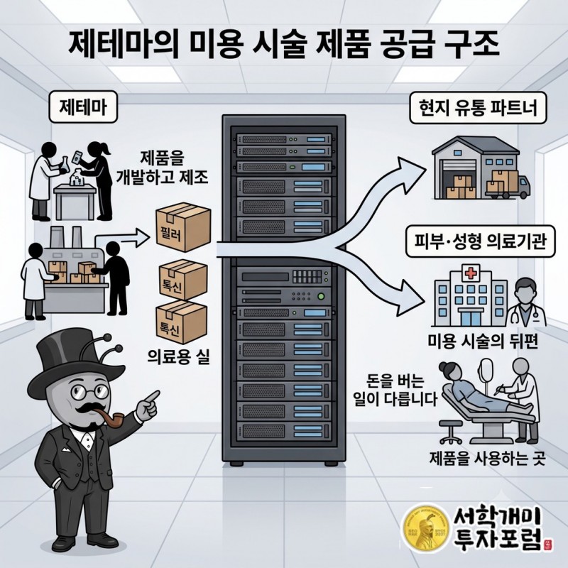 제테마가 필러와 톡신, 의료용 실을 제조해 의료진 대상 거래와 현지 유통 파트너를 통해 공급하는 구조