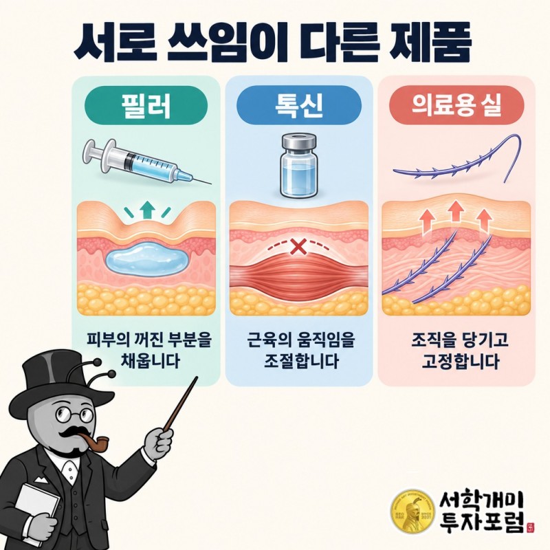 피부의 꺼진 부분을 채우는 필러, 근육의 움직임을 조절하는 톡신, 조직을 당기고 고정하는 의료용 실의 쓰임 비교