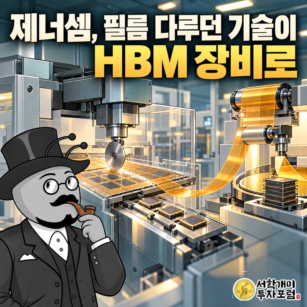 제너셈의 반도체 절단 장비와 필름 부착·제거 기술이 HBM 장비로 연결되는 모습을 보여 주는 커버