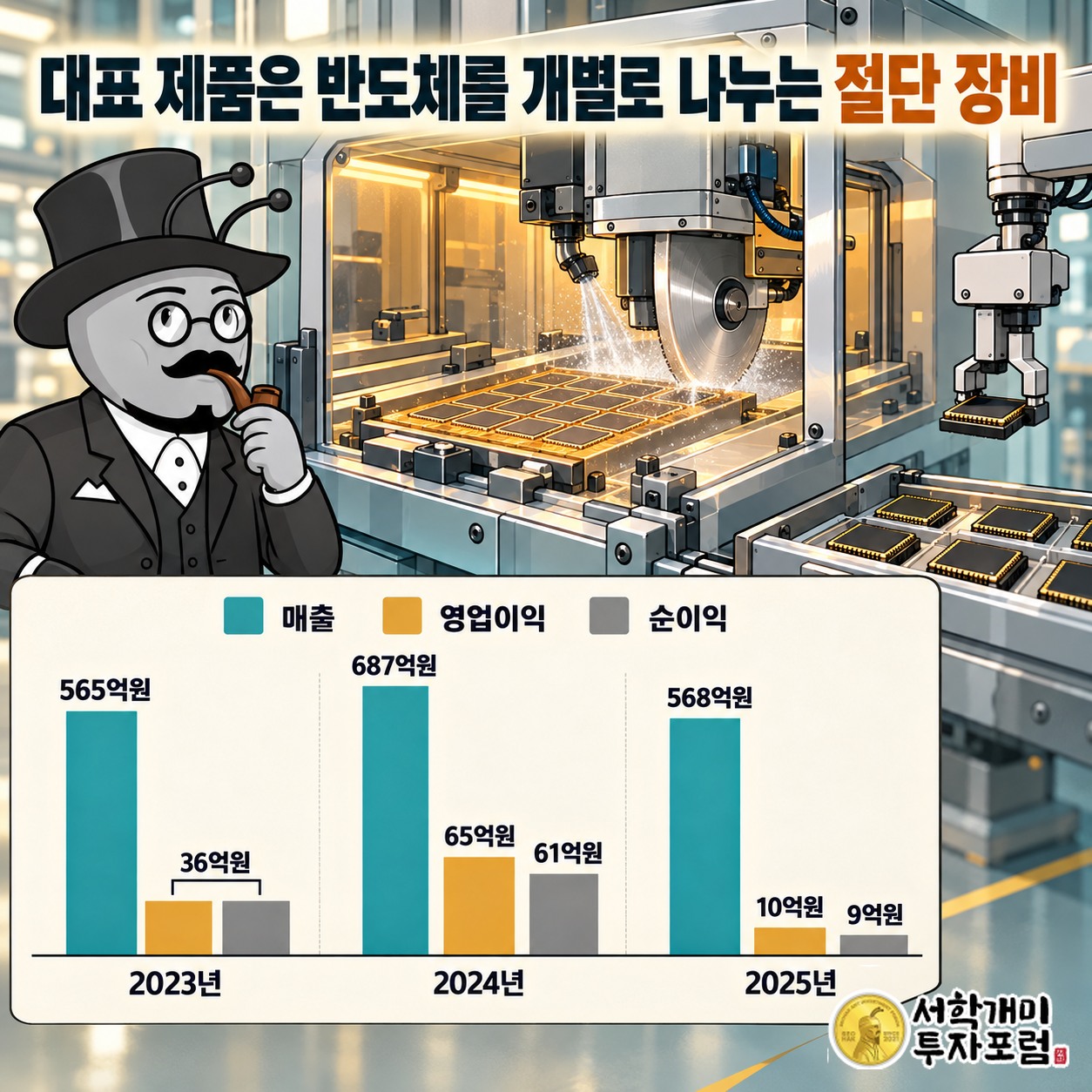 여러 개가 붙은 반도체 패키지를 절단 장비로 나누고 이송 장비로 옮기는 생산 과정