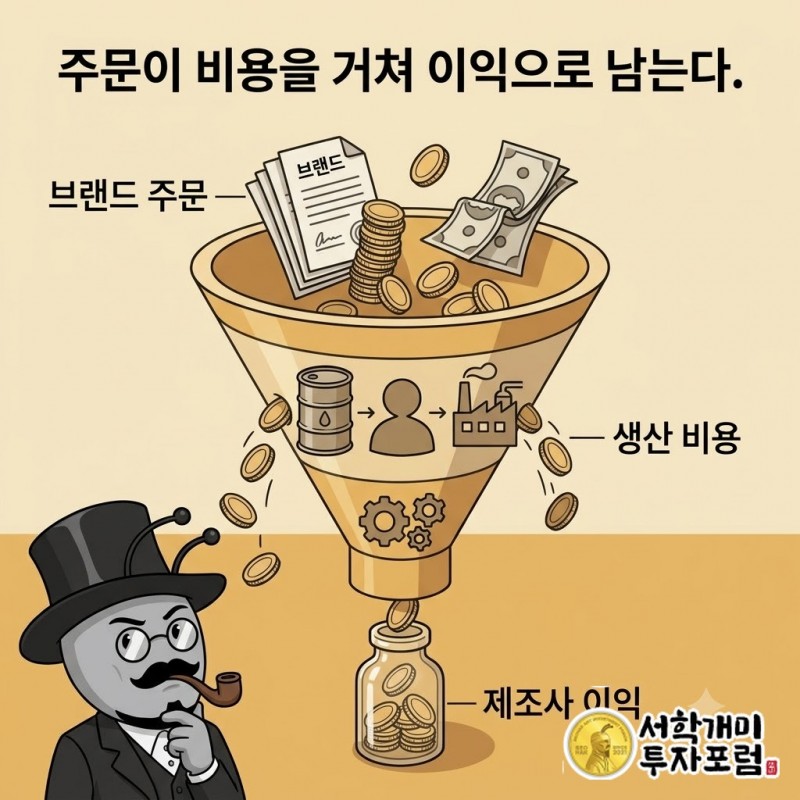 고객 브랜드의 주문이 생산 비용을 거쳐 제조사의 이익으로 이어지는 구조