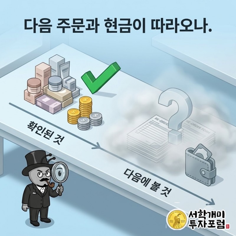 후속 주문과 본업 이익 및 현금 회수를 살펴보는 성장 점검 장면