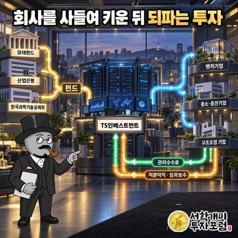 모태펀드·산업은행 등 기관의 돈이 TS인베스트먼트 펀드를 거쳐 투자처로 가고 관리수수료와 처분이익·성과보수로 돌아오는 구조