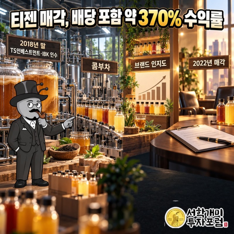 2018년 콤부차 회사 티젠 인수부터 2022년 약 370% 수익률 매각까지의 흐름