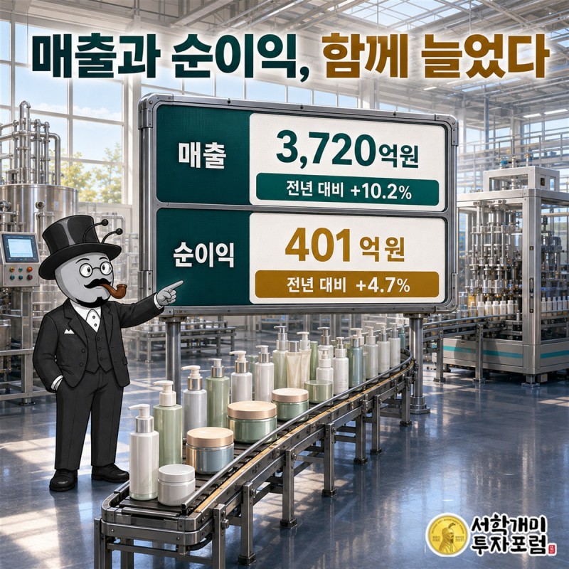 펌텍코리아의 전년과 최근 연도 매출 영업이익 순이익이 모두 늘어난 흐름을 비교한 장면