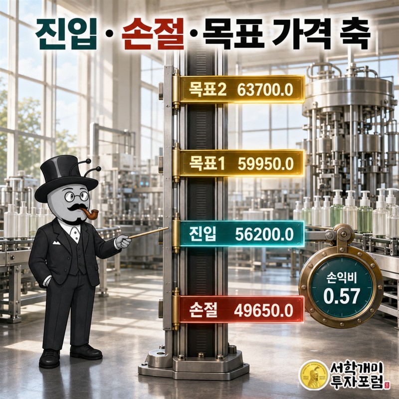 펌텍코리아 진입 56,200원 손절 49,650원 목표1 59,950원 목표2 63,700원을 표시한 가격 축