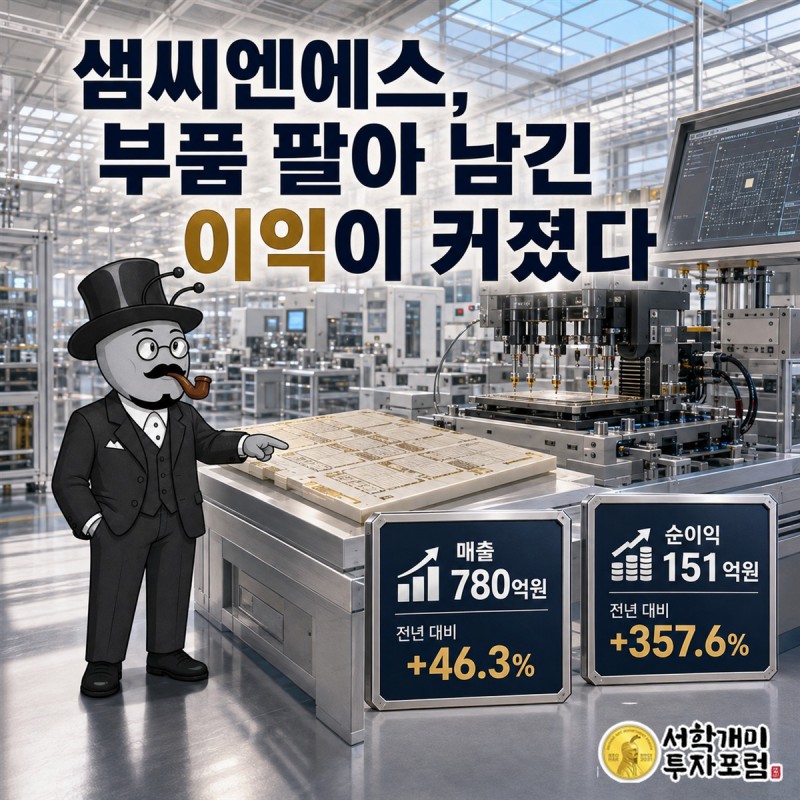 샘씨엔에스의 반도체 검사 부품과 함께 매출 확대와 이익 증가를 보여 주는 일러스트 장면