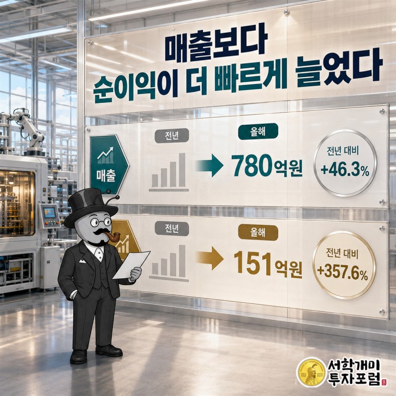 샘씨엔에스의 이전 실적과 이번 실적에서 매출과 영업이익, 순이익의 변화를 비교한 자료
