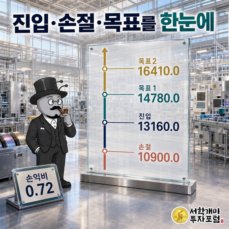 샘씨엔에스의 기준가와 앤트가드 진입 문턱, 손절 기준, 목표 구간을 함께 표시한 가격 축