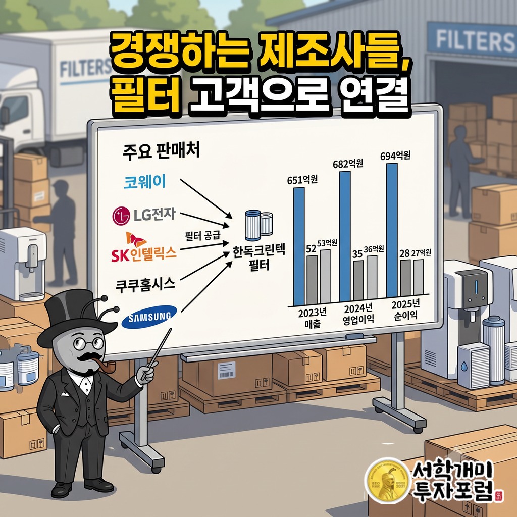 서로 경쟁하는 정수기 제조사들이 한독크린텍의 필터 고객으로 연결되는 모습