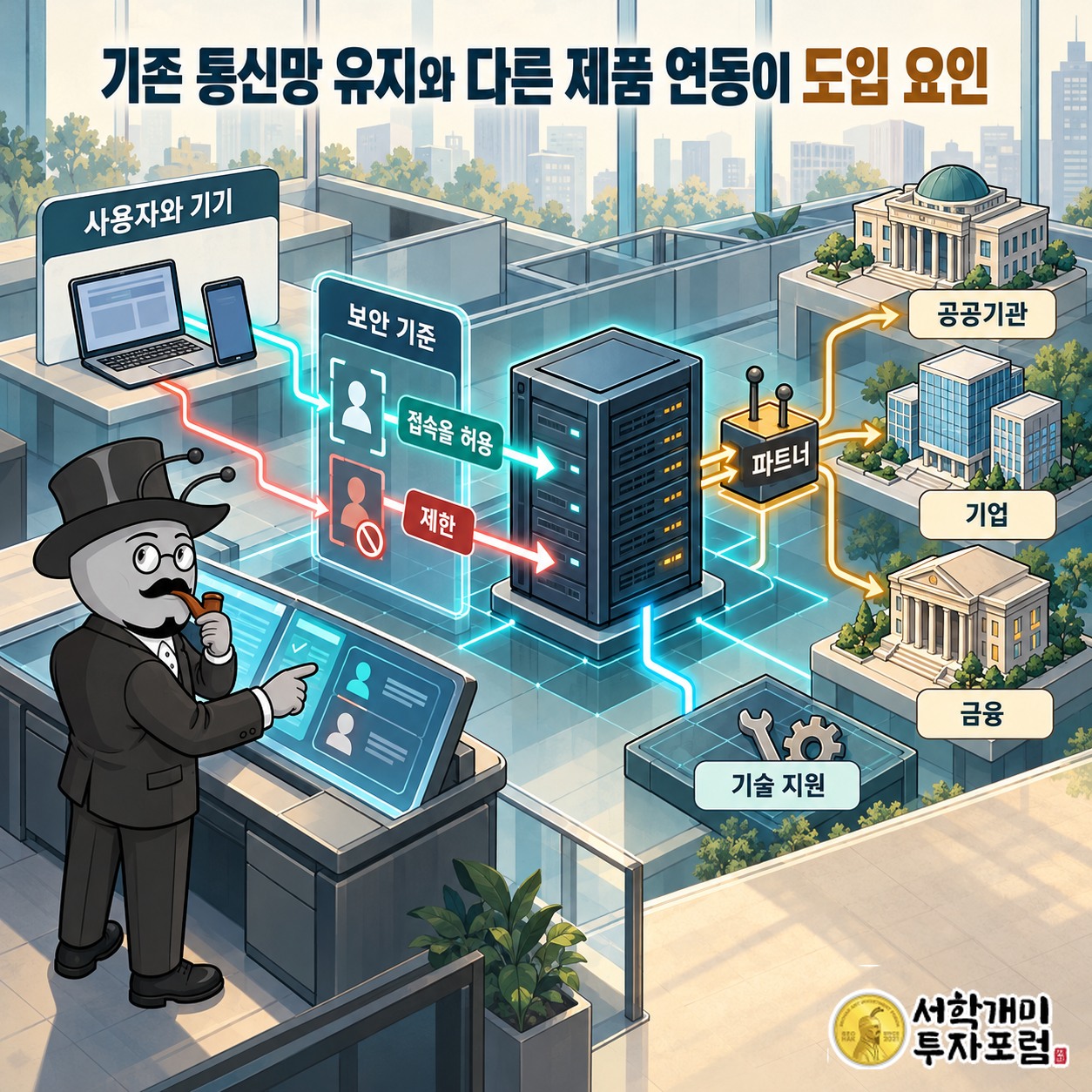 공공기관과 기업 및 금융 고객에게 파트너를 통해 보안 제품을 공급하고 기술 지원을 제공하는 구조