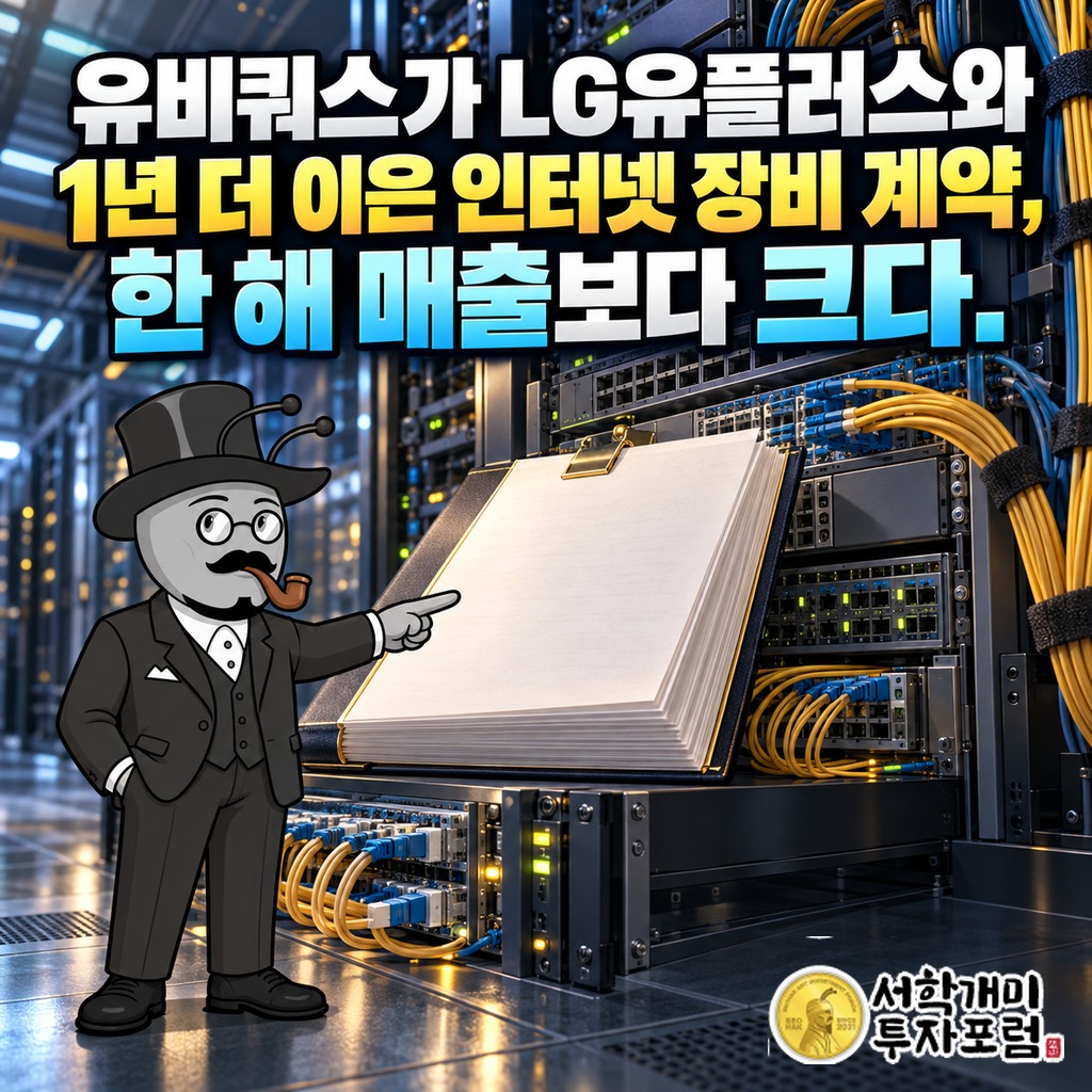 유비쿼스 통신 스위치와 광케이블 위에 LG유플러스 계약이 1년 매출보다 크다는 커버 문구