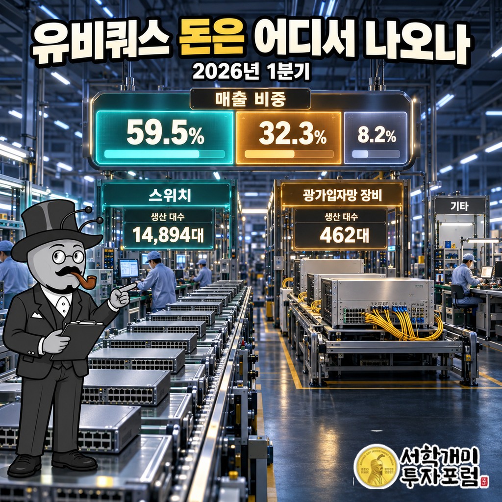 2026년 1분기 유비쿼스 매출 비중 스위치 59.5%, FTTH 32.3%, 기타 8.2%와 생산 대수 비교