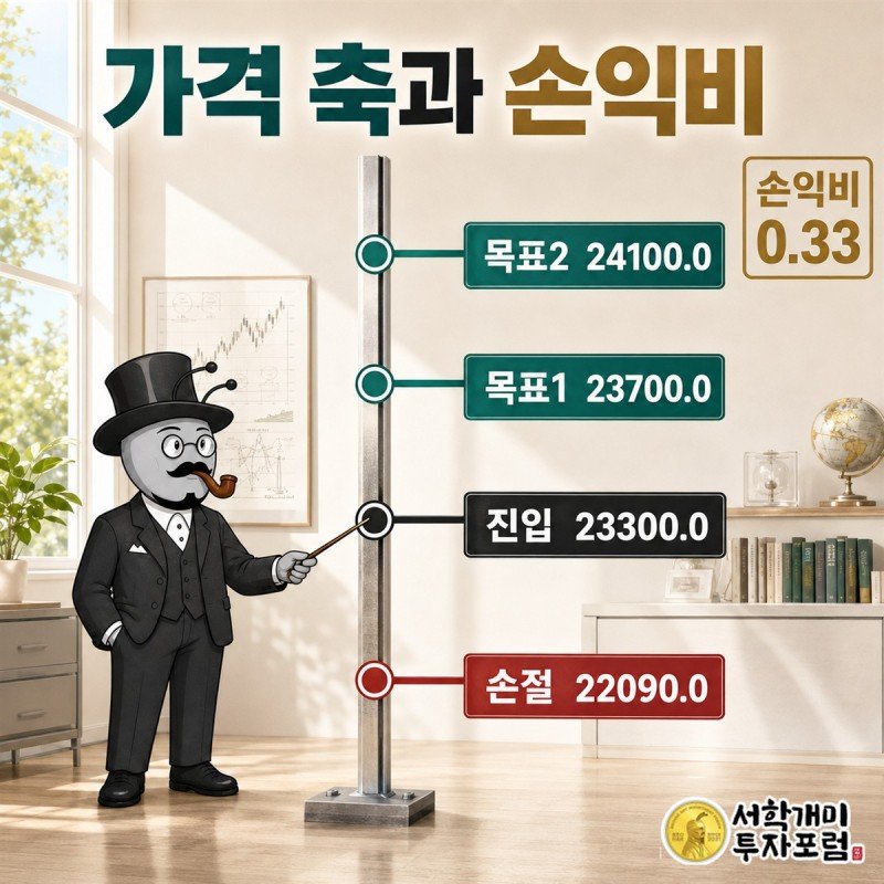 진입 23,300원 손절 22,090원 목표 23,700원과 24,100원을 표시한 가격 축