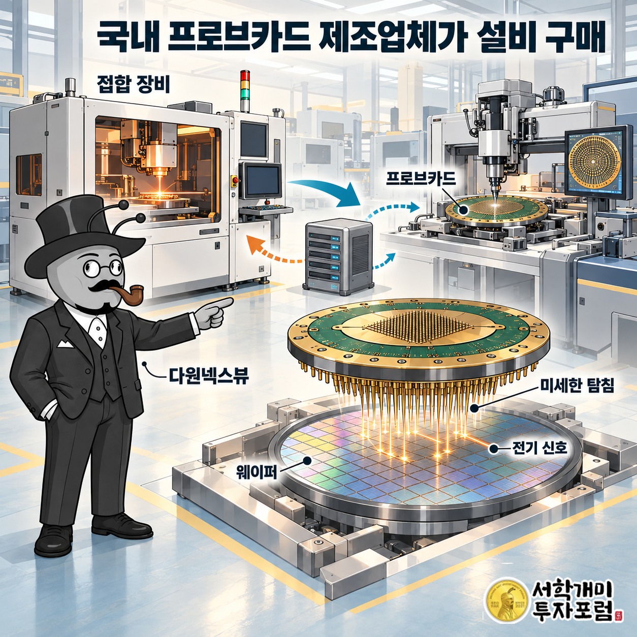 다원넥스뷰가 프로브카드 제조업체에 접합 장비를 팔고 완성된 검사 부품이 칩 검사에 쓰이는 사업 구조