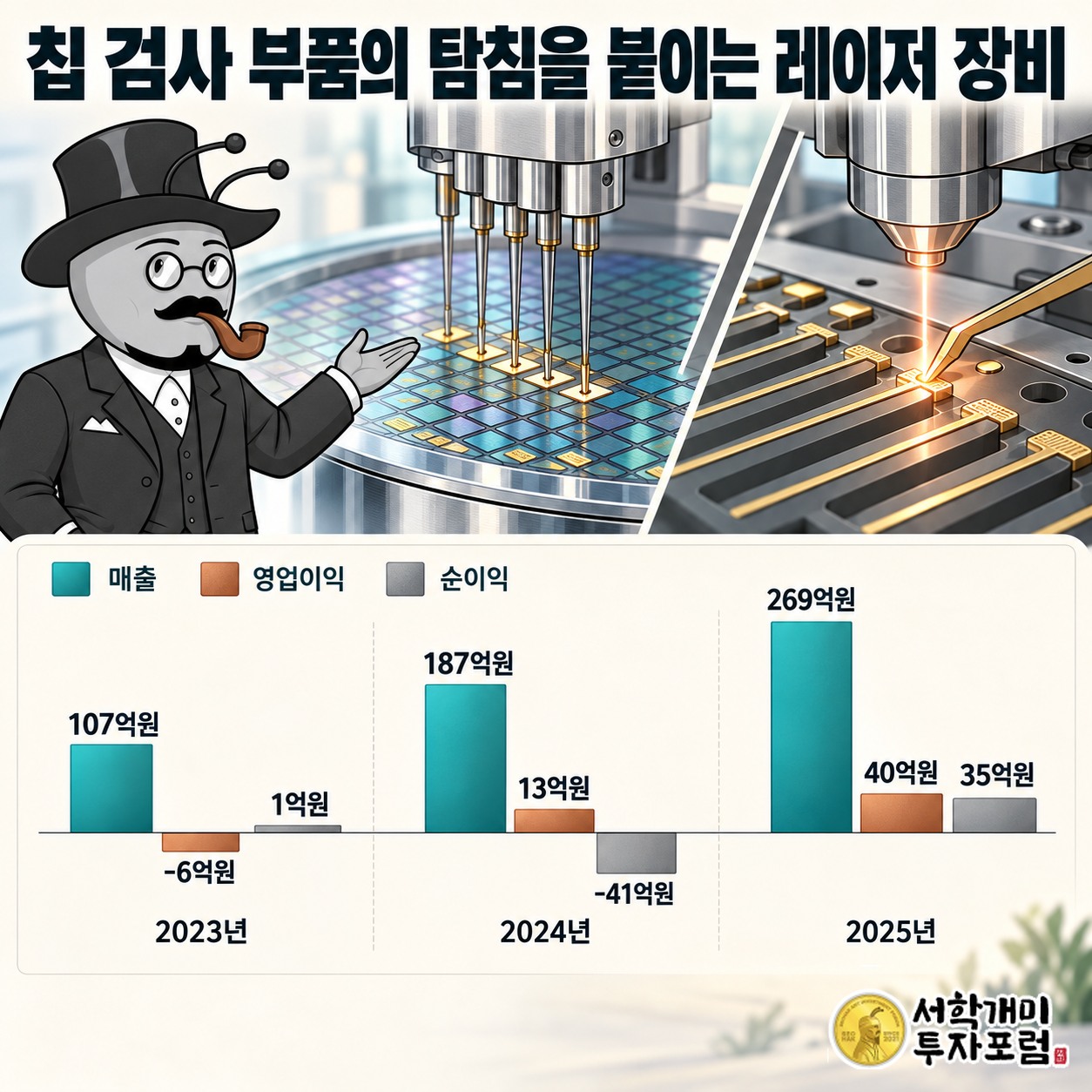 웨이퍼의 반도체에 닿는 탐침과 그 탐침을 정밀하게 붙이는 레이저 접합 공정
