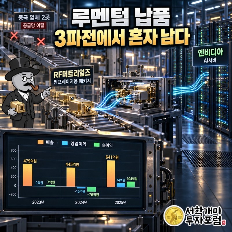 RF머트리얼즈 패키지가 루멘텀 광증폭기를 거쳐 엔비디아 AI서버로 가는 공급 흐름과 3곳에서 1곳으로 줄어든 공급사