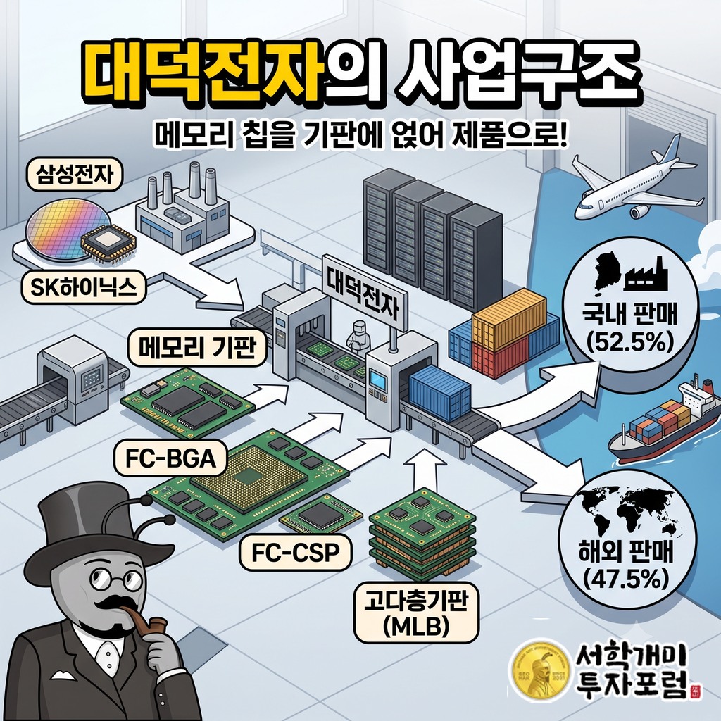 대덕전자가 삼성전자·SK하이닉스 등에 메모리 기판, FC-BGA, FC-CSP, 고다층기판을 공급하고 국내외로 반씩 판매하는 사업 구조