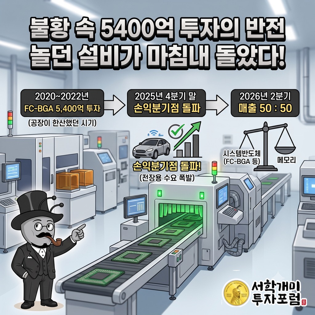 2020~2022년 FC-BGA 설비 약 5400억원 투자에서 2025년 4분기 말 손익분기점, 2026년 2분기 매출 50:50까지의 흐름