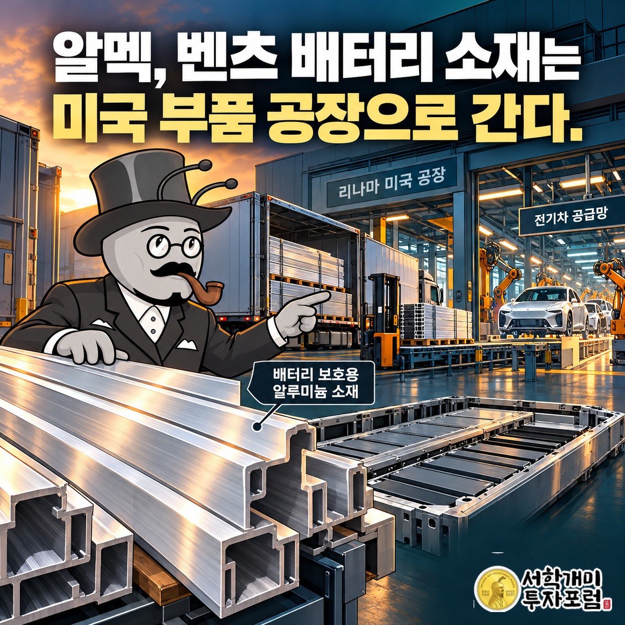 알멕의 배터리 보호용 알루미늄 소재가 미국 부품 공장을 거쳐 벤츠 전기차 공급망으로 들어가는 경로