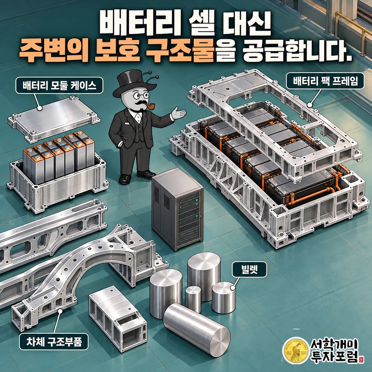 배터리 셀을 감싸는 외함과 팩 프레임, 차체 구조부품 및 원통형 빌렛으로 구성된 알멕의 사업