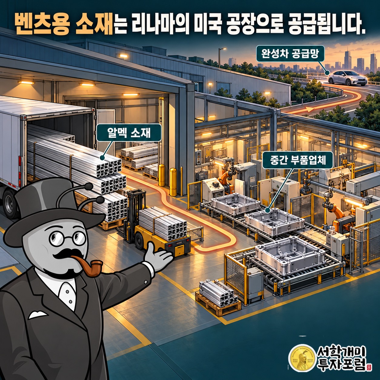 알멕 소재를 받는 리나마 미국 공장과 최종 자동차 브랜드를 구분한 납품 경로