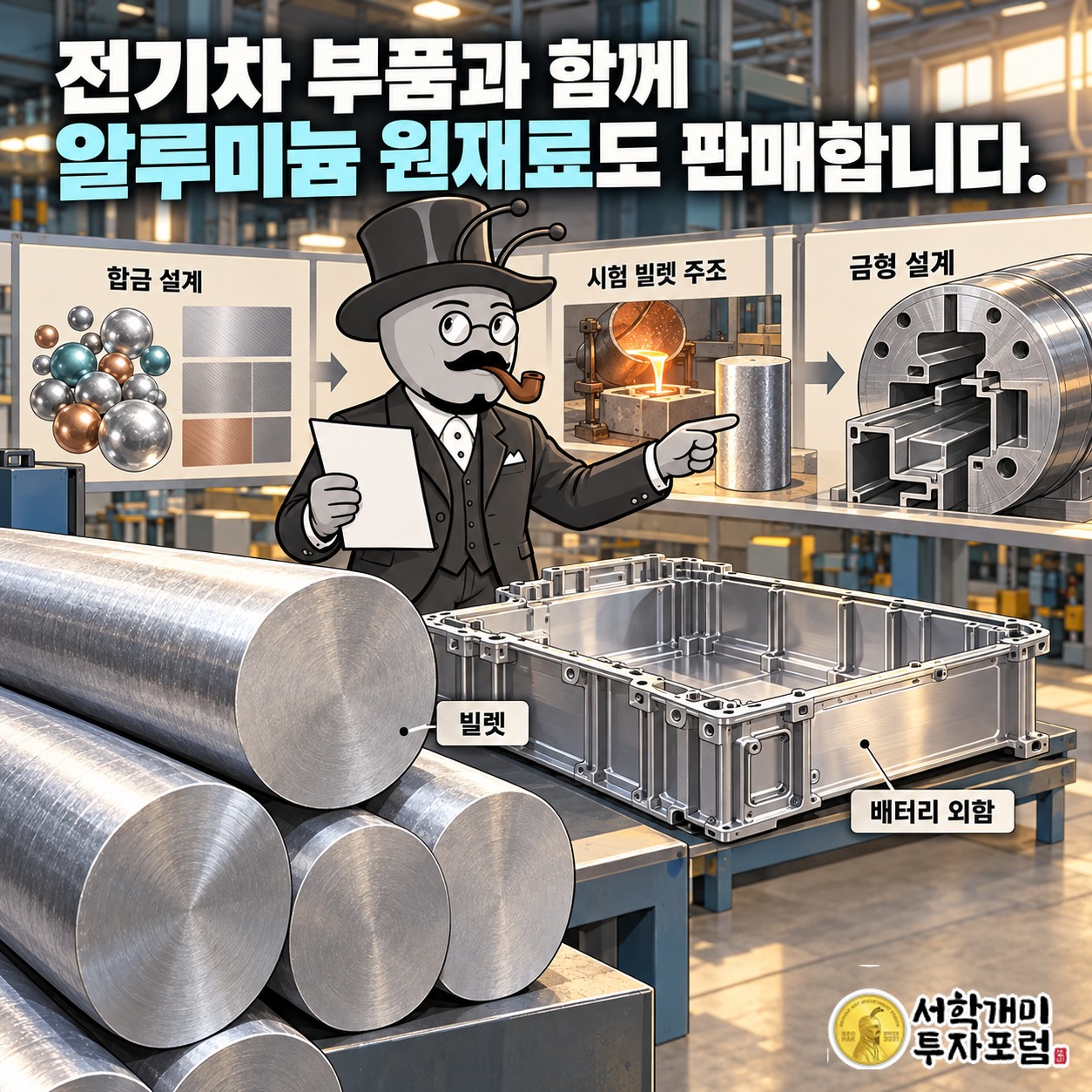 알멕의 전기차 부품과 빌렛 판매 및 합금 설계부터 금형 설계까지 이어지는 연구개발 과정