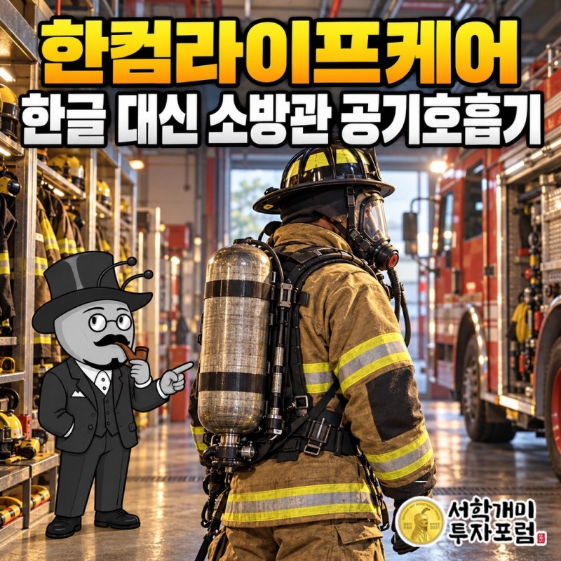 소방관 공기호흡기를 멘 소방관과 한컴라이프케어 회사명이 들어간 커버