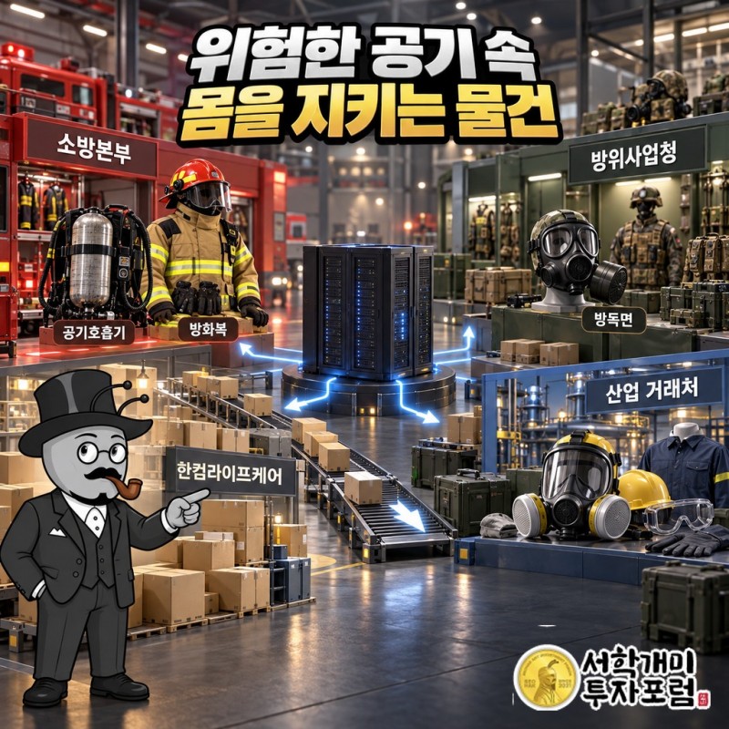 소방본부·방위사업청·산업 거래처가 한컴라이프케어의 공기호흡기·방화복·방독면을 사는 구조