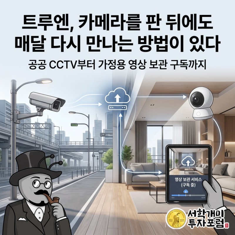 트루엔의 공공 CCTV와 가정용 카메라를 연결하고 집 안 영상 보관 구독을 보여 주는 커버