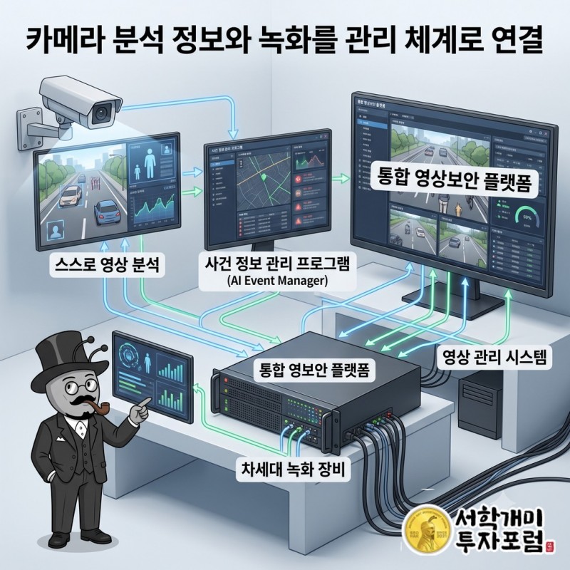 스스로 영상을 분석하는 카메라와 녹화 장비, 사건 정보 관리 프로그램이 연결된 영상보안 체계