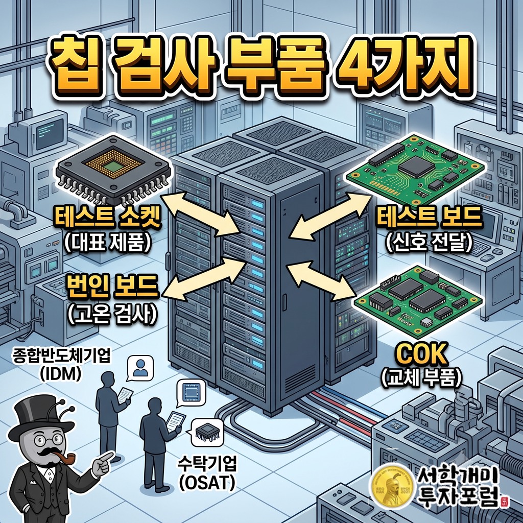 종합반도체기업과 수탁기업이 티에프이에서 테스트 소켓·테스트 보드·번인 보드·COK를 사는 구조도