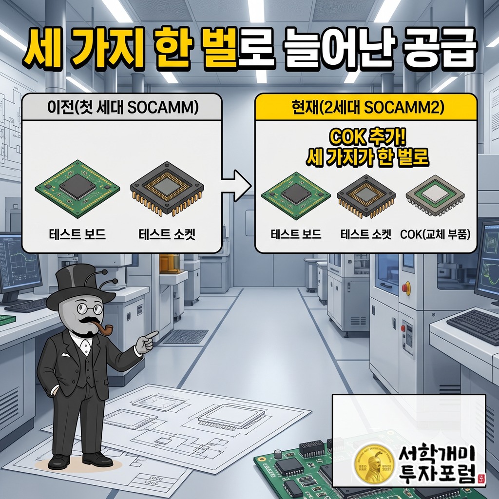 SOCAMM 첫 세대 보드·소켓 두 가지에서 SOCAMM2 보드·소켓·COK 세 가지 한 벌로 늘어난 공급 품목 비교