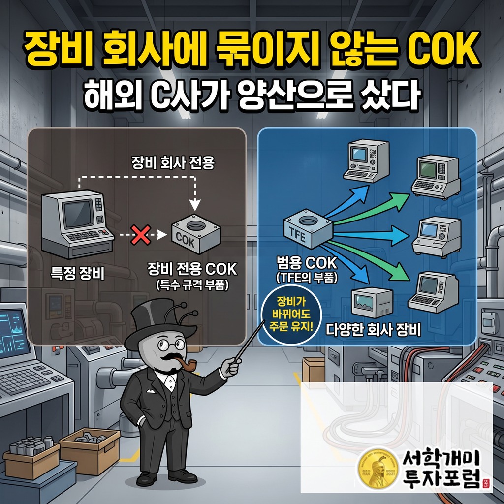 특정 장비 전용 COK와 여러 회사 장비에 쓰는 범용 COK의 차이를 보여 주는 도식