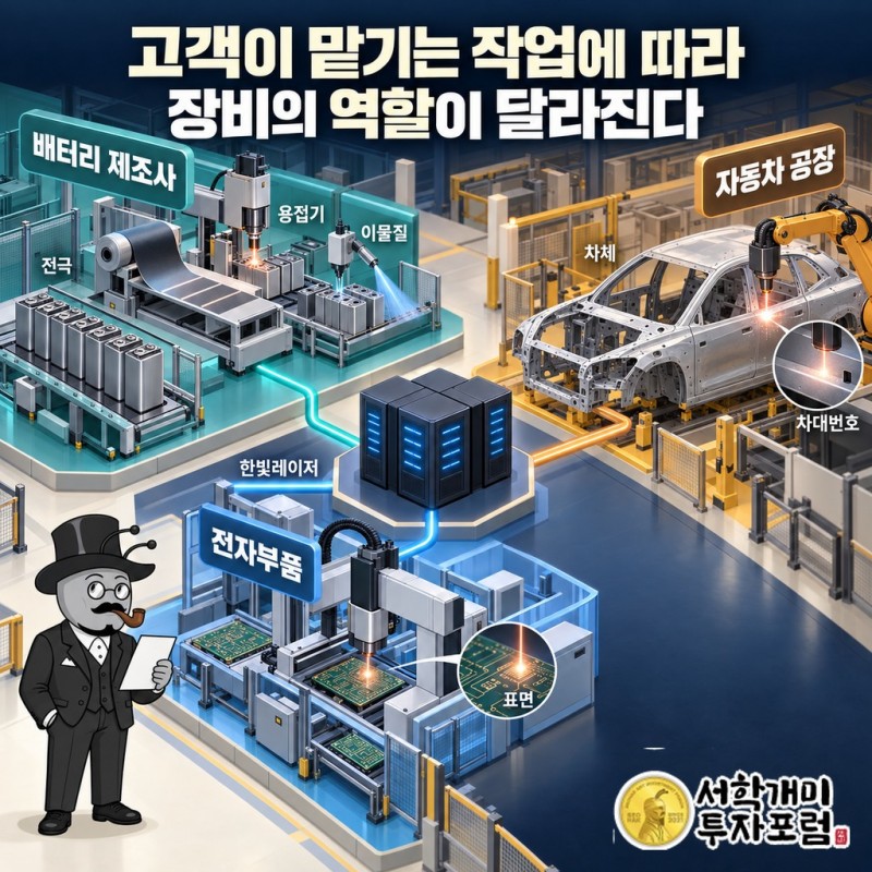 배터리·자동차·전자부품 제조사가 주문한 가공·식별·검사 장비를 한빛레이저가 공급하는 사업 구조
