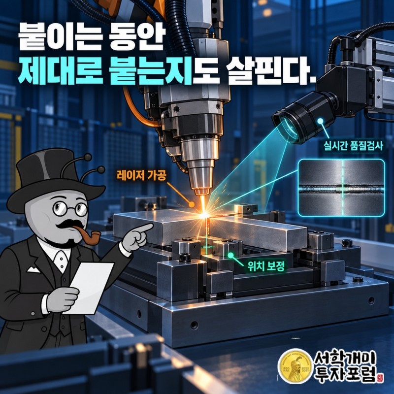 용접 장비에서 레이저 가공과 위치 보정, 카메라를 통한 실시간 품질검사가 결합된 모습