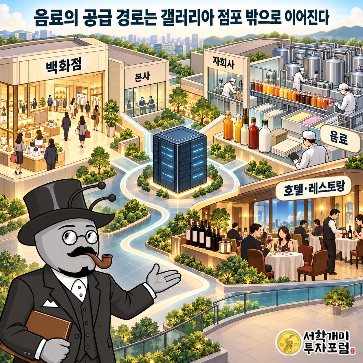 백화점 소비자, 음료 주문 기업, 와인을 공급받는 호텔·레스토랑으로 이어지는 사업 구조