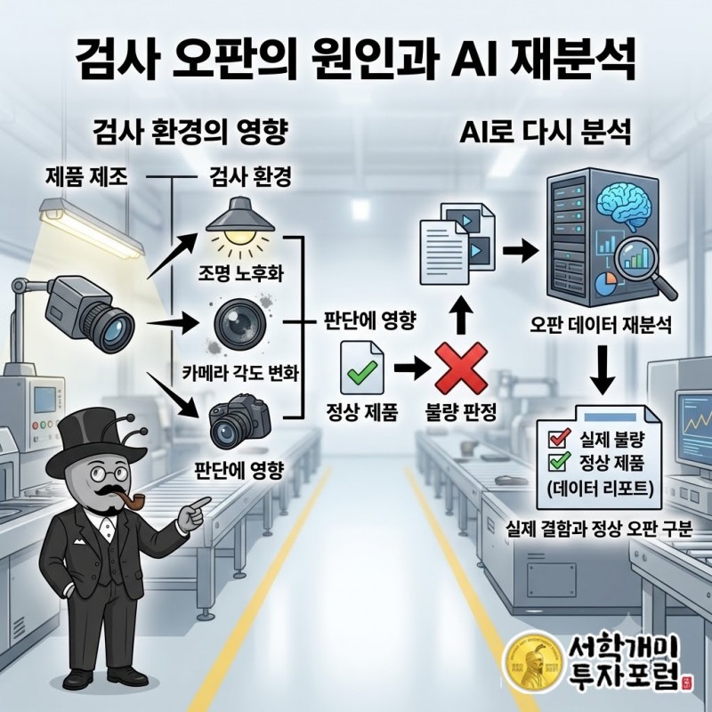 조명 노후화와 렌즈 오염, 카메라 각도 변화가 검사 판단에 영향을 주고 AI가 불량 판정 데이터를 재분석하는 과정