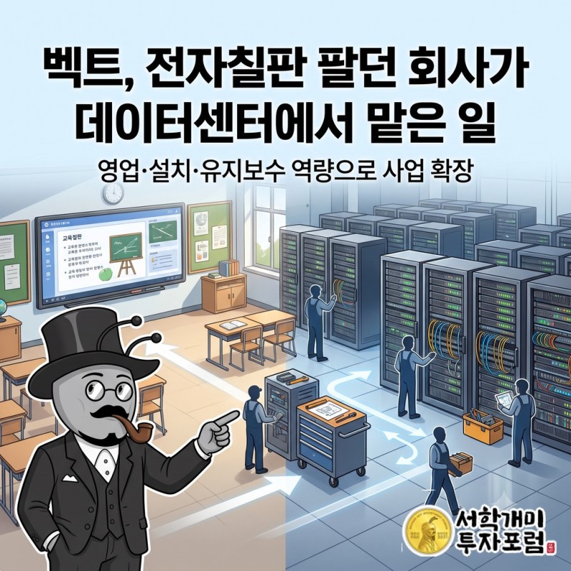벡트의 전자칠판 공급 경험과 데이터센터 협약의 영업·설치·유지보수 역할을 연결한 장면
