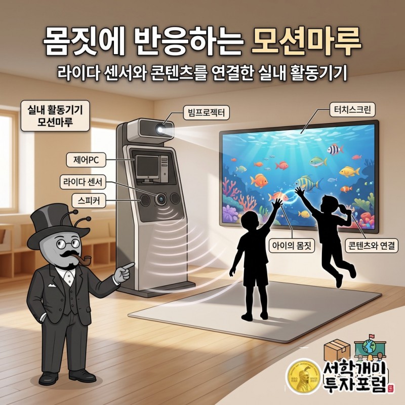 라이다 센서가 아이의 몸짓을 읽어 화면 콘텐츠와 연결하는 모션마루의 구성과 교육기관 공급 사례