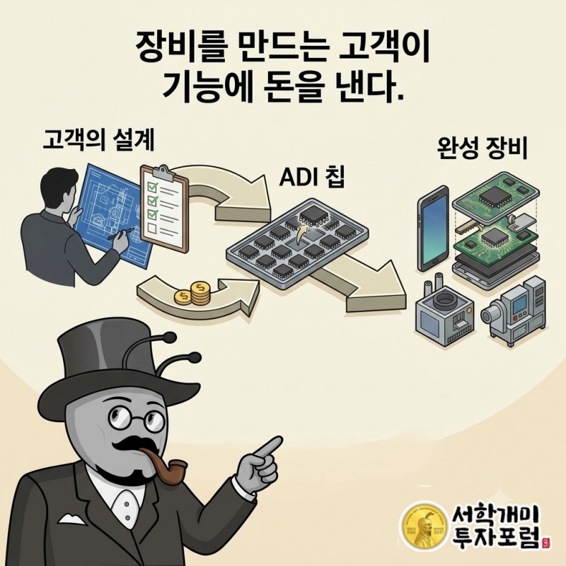 물리 신호를 다루는 칩을 장비에 넣는 고객과 ADI의 판매 구조
