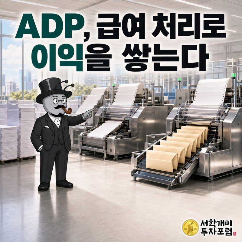 급여일 달력과 급여 명세서를 배경으로 ADP의 매출과 순이익 성장 흐름을 보여 주는 커버 일러스트