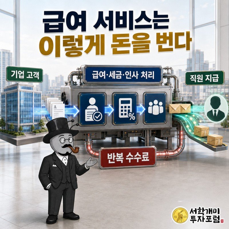 고객사의 급여 자료가 ADP의 처리 서비스와 서비스 대가로 이어지는 회사 구조 일러스트