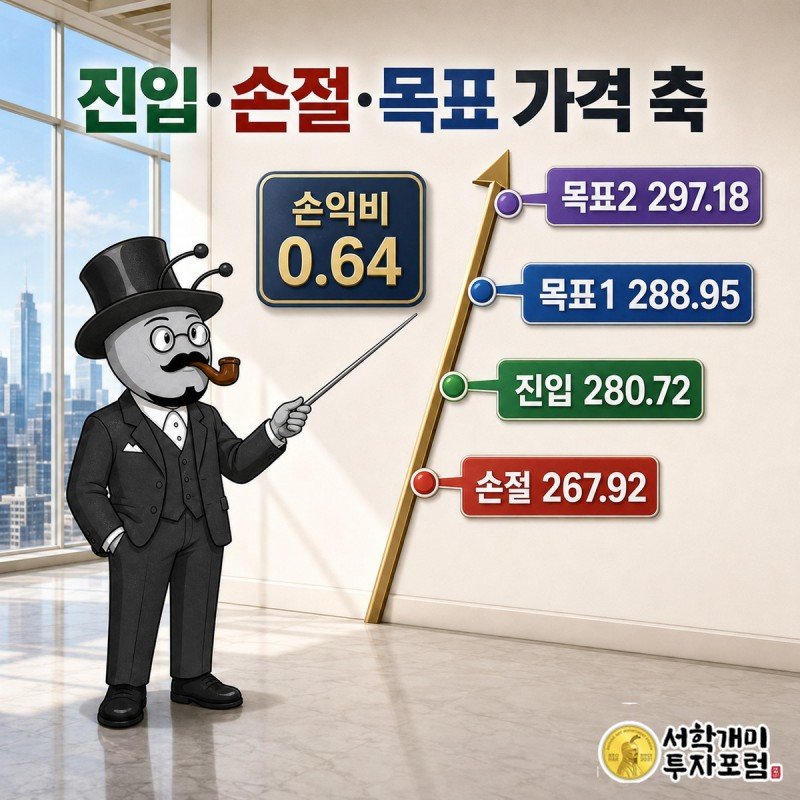 ADP 진입 280.72달러, 손절 267.92달러, 목표1 288.95달러, 목표2 297.18달러를 표시한 가격 축