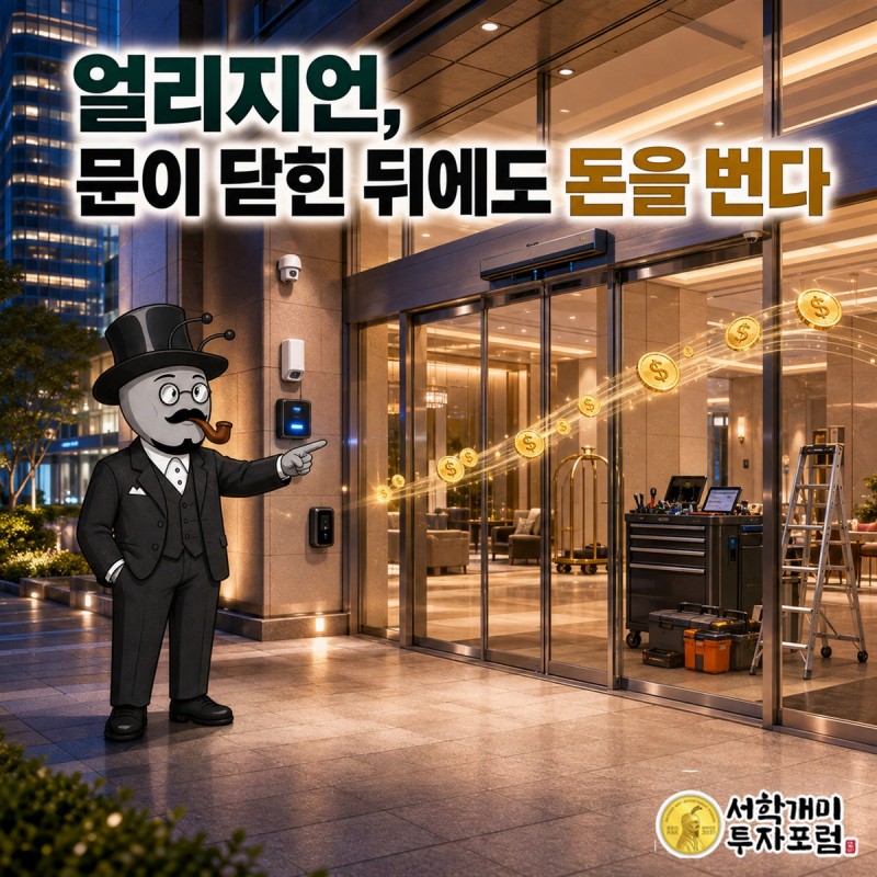 건물 입구의 잠금장치와 출입 인증 장면을 살피는 캐릭터, 얼리지언은 문이 닫힌 뒤에도 돈을 번다는 제목이 담긴 커버